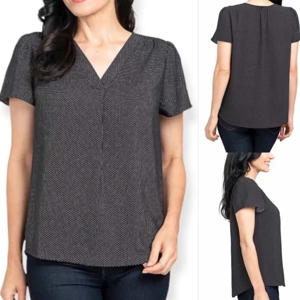 Hilary Radley ladies Large V Neck Black & White Relaxed Fit Blouse